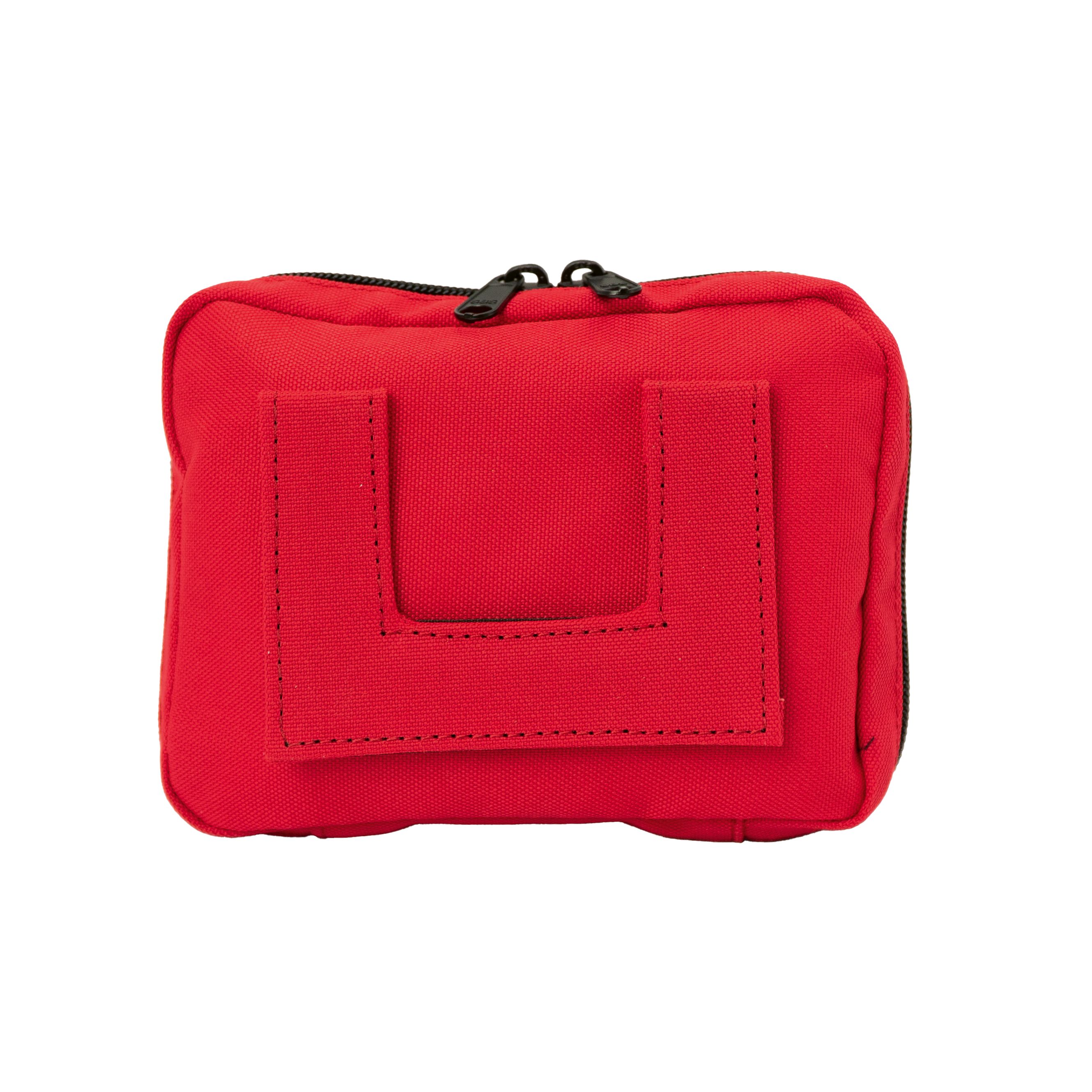 Rote Erste Hilfe Tasche mit schwarzem Reißverschluss. Rückseite mit Schlaufe zur Befestigung.
