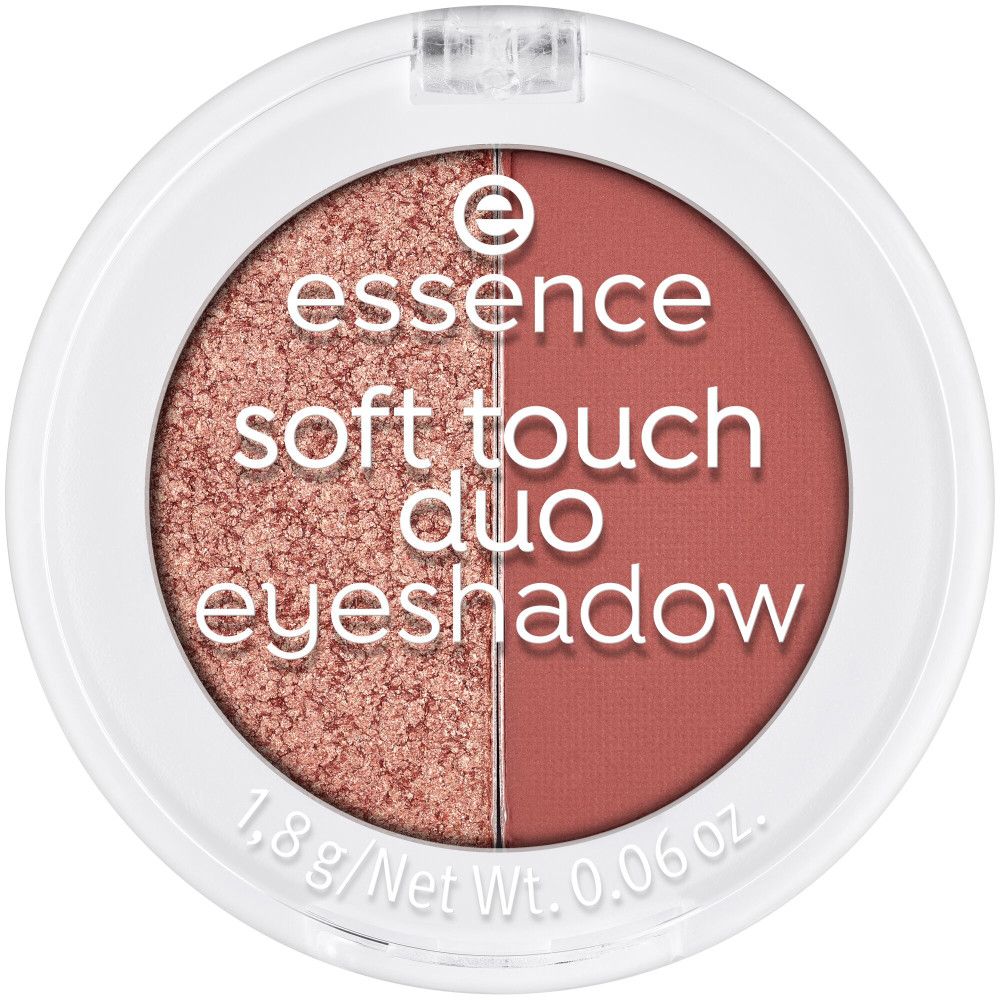 Runder, weißer Lidschatten-Duo-Behälter. Enthält zwei Farbtöne: glitzerndes Rosa und mattes Rosa. Text: Essence Soft Touch Duo Eyeshadow.