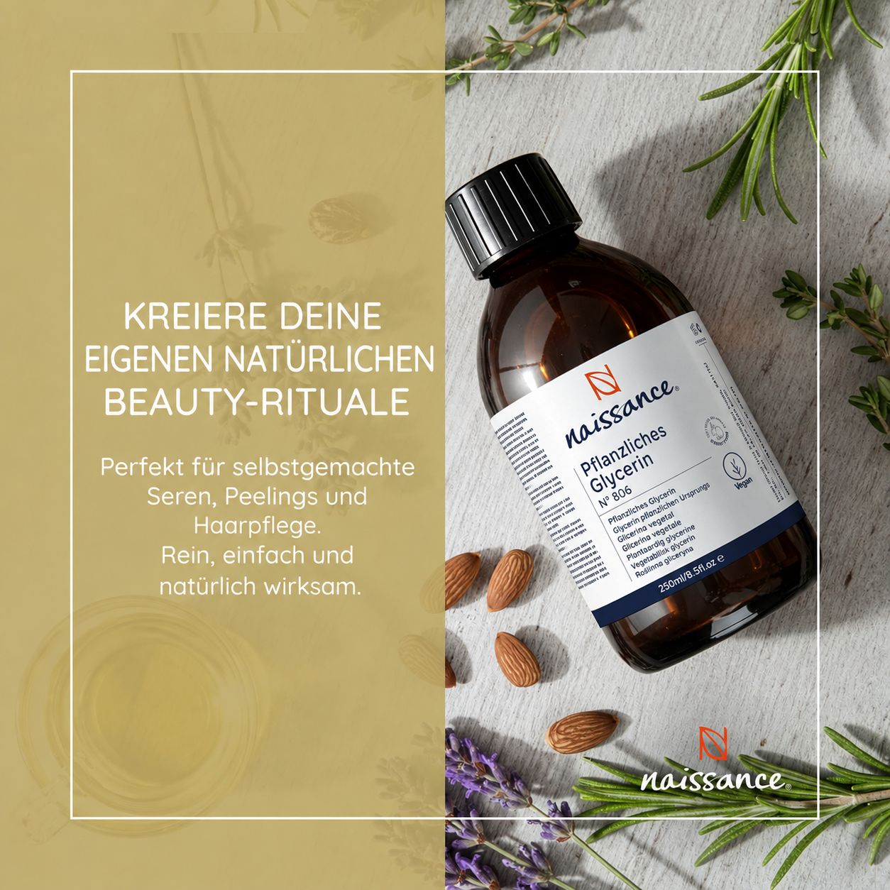 Braune Glasflasche mit schwarzem Deckel, gefüllt mit pflanzlichem Glycerin von Naissance.