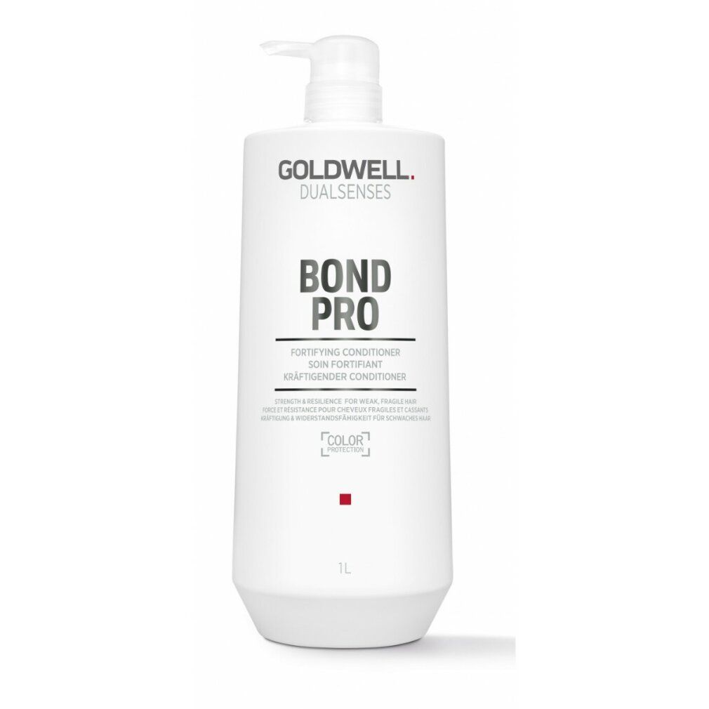 Weiße Goldwell Dualsenses Bond Pro Conditioner Flasche mit Pumpe. Text: BOND PRO, FORTIFYING CONDITIONER, COLOR PROTECTION.