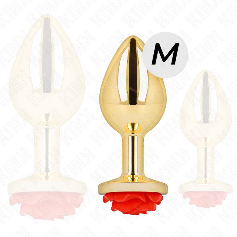 Goldfarbener Analplug mit roter Rose, Größe M. Drei Ansichten.