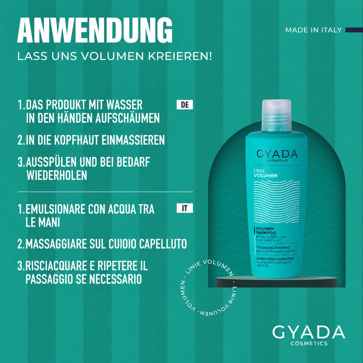 Türkise Flasche 'GYADA COSMETICS' mit Text 'Volumen Shampoo'.