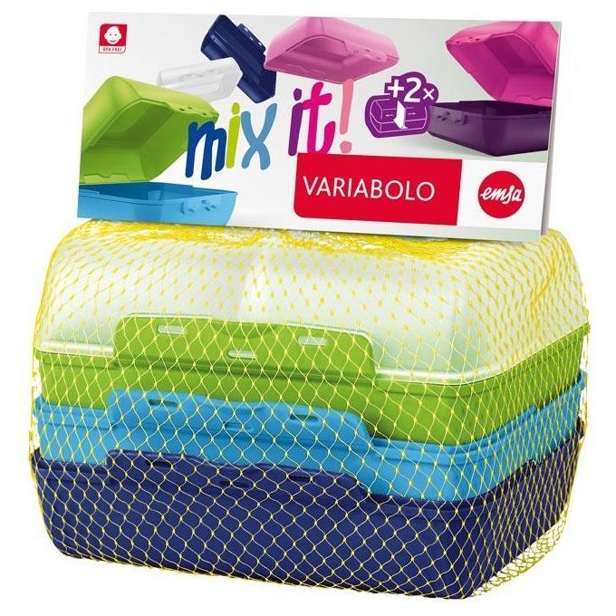 Mehrfarbige Lebensmittelbehälter in Netzverpackung. Oben Karton mit Produktname und Logo. Enthält mehrere Behälter.