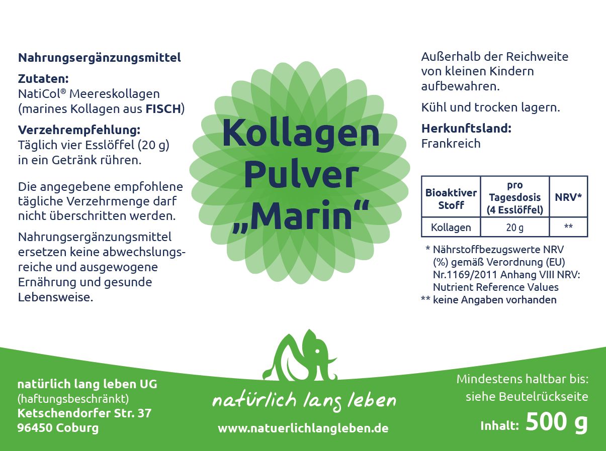 Etikett mit Produktinformationen. Text: Kollagen Pulver „Marin“, Zutaten, Verzehrempfehlung, Nährwertangaben. Marke: natürlich lang leben.