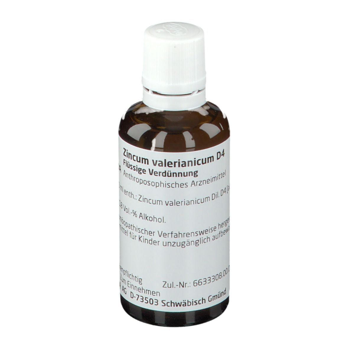 Braune Glasflasche mit weißem Deckel und Etikett. Beschriftung: Zincum valerianicum D4, Flüssige Verdünnung, WELEDA.