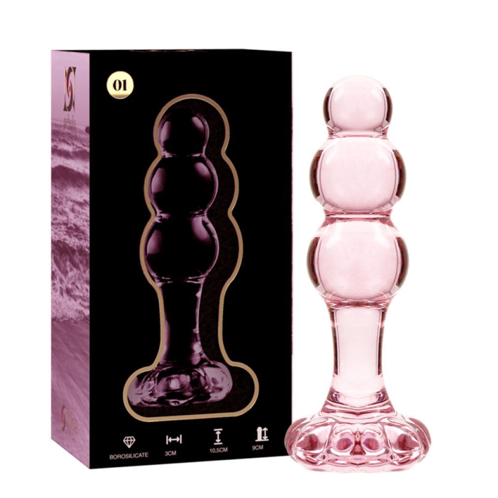 Rosa Glas-Analplug mit kugelförmigen Segmenten und breiter Basis. Inklusive Verpackung.