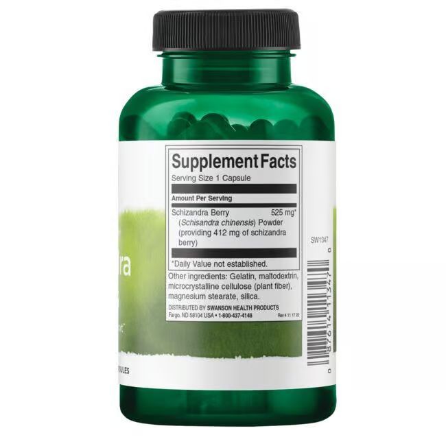 Rückseite der grünen Flasche. Etikett mit Nährwertangaben: Schizandra Beere, 525 mg pro Kapsel. Inhaltsstoffe.