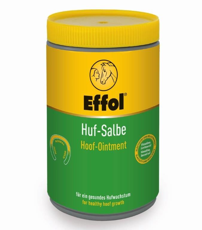 Zylindrische Dose mit gelbem Deckel. Aufschrift: Effol, Huf-Salbe, Hoof-Ointment. Grüner Bereich mit Text. Logo mit Pferd und Person.
