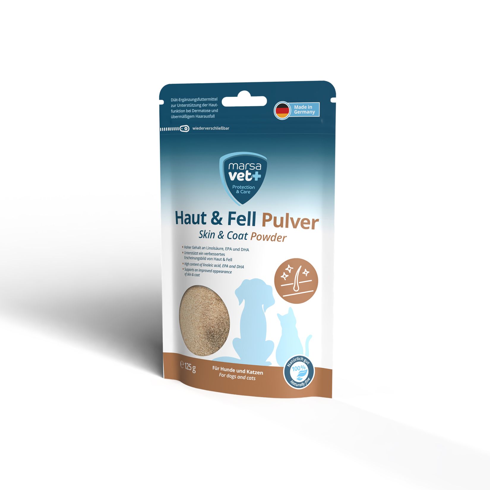 Beutel mit Haut & Fell Pulver. Marke Marsa Vet+. Enthält Produktnamen, Illustrationen und Gewichtsangabe: 125g.