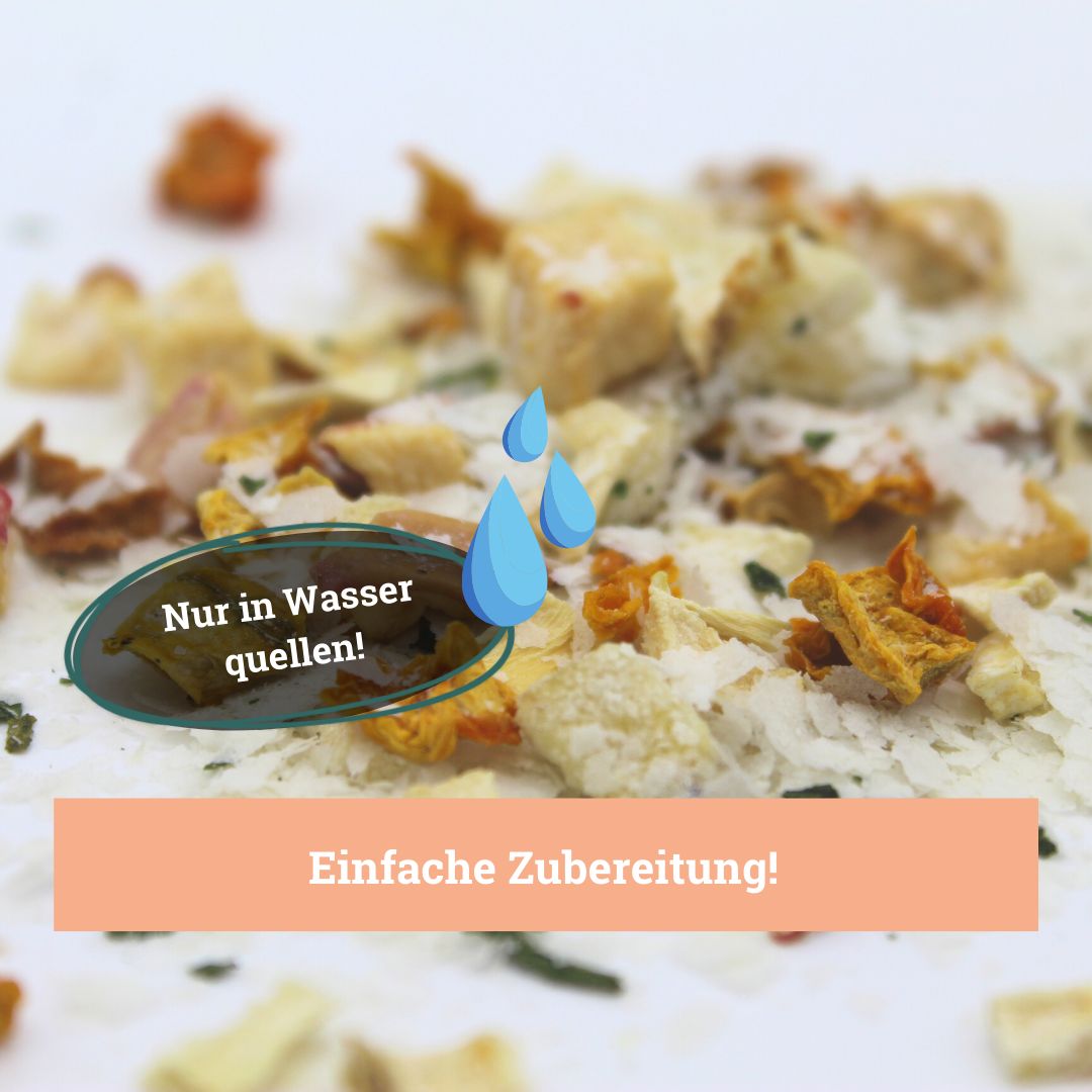 Nahaufnahme von Flocken. Text: "Nur in Wasser quellen!" und "Einfache Zubereitung!" Wassertropfen.
