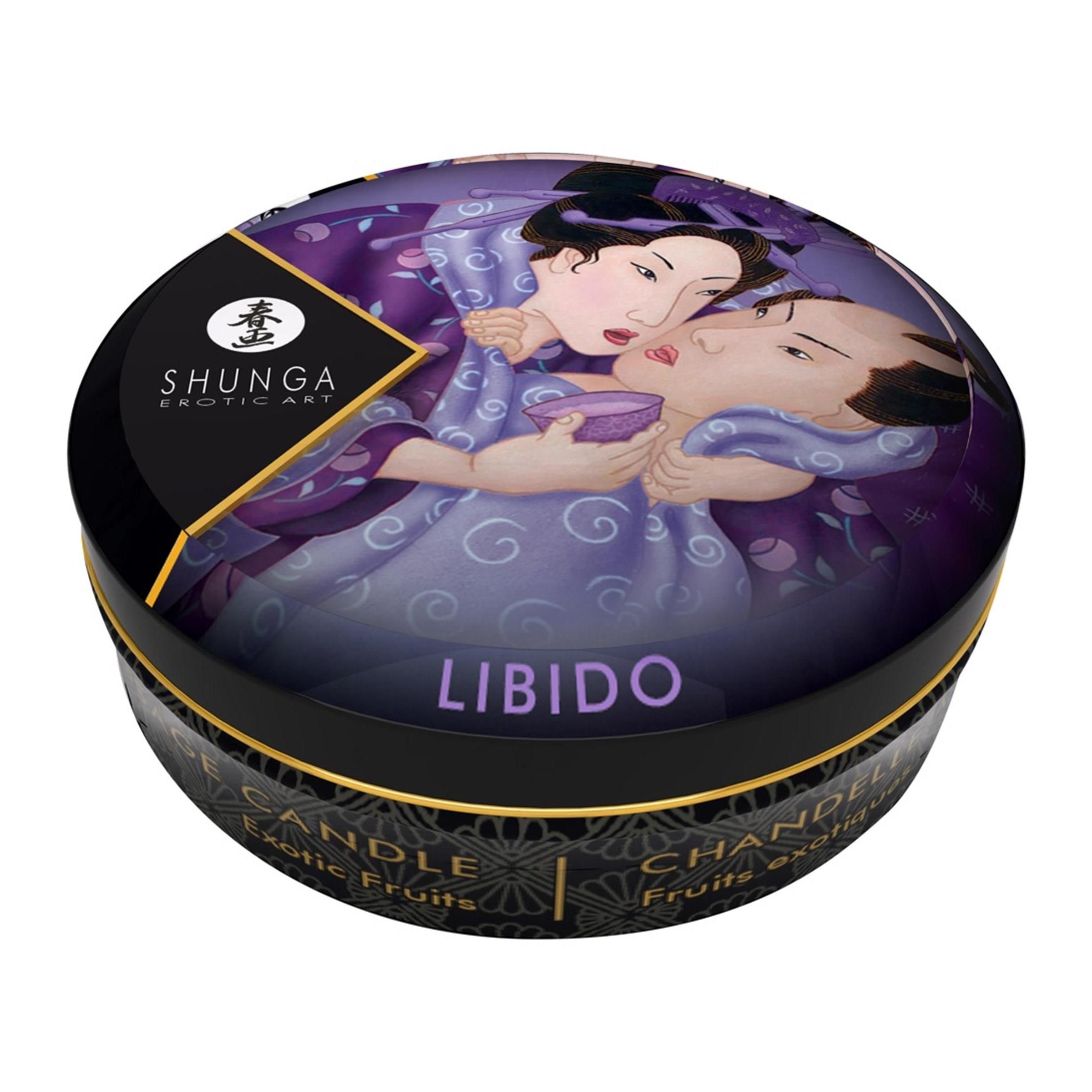 Runde Dose mit Deckel. Deckel mit Illustration und Schriftzug Libido. Aufschrift: Shunga Erotic Art, Massage Candle, Exotic Fruits.
