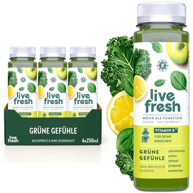 LiveFresh Grüne Gefühle. 6 Flaschen in Karton. Flasche mit Zutaten: Grünkohl, Apfel, Spinat, Zitrone, Moringa. Vitamin K.