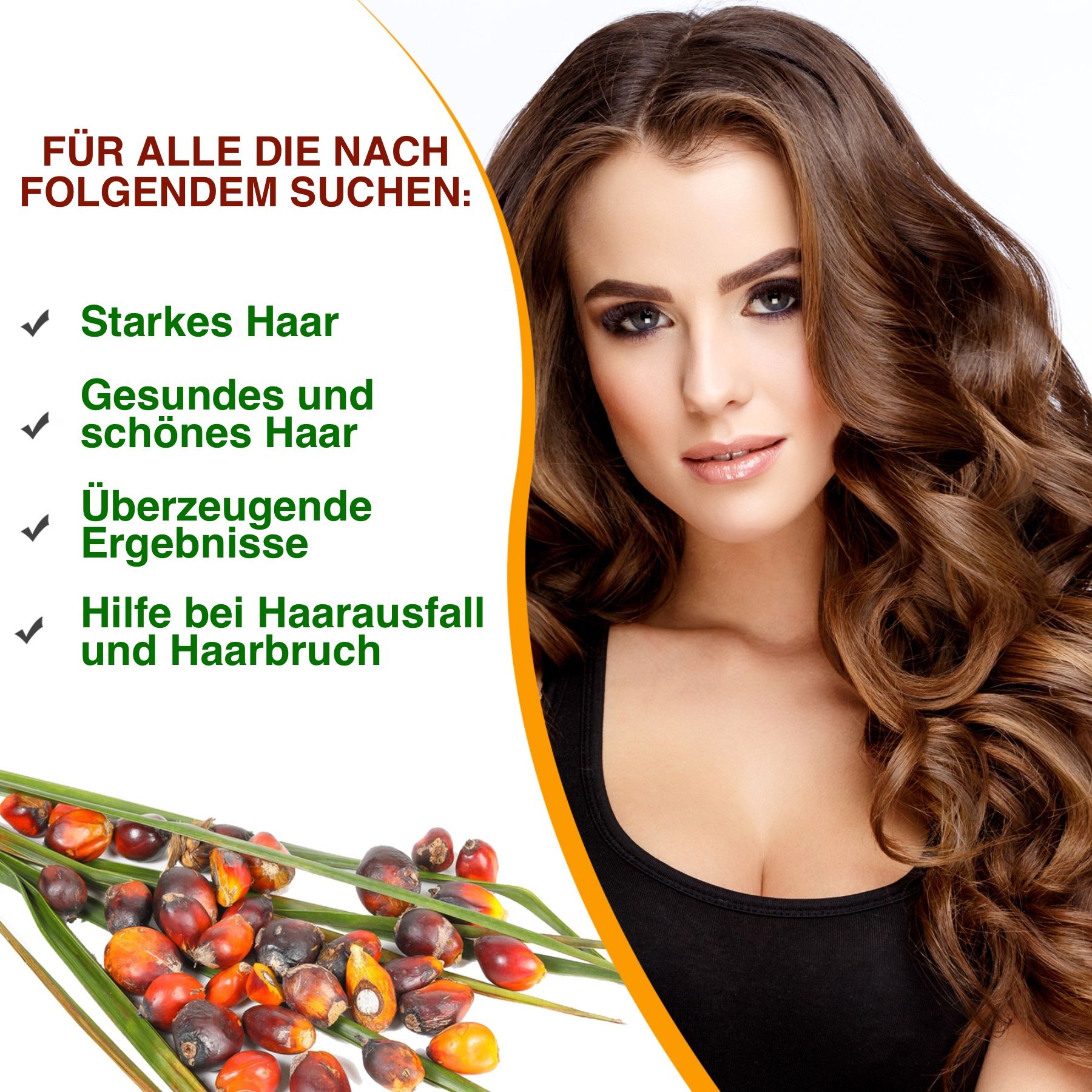 Frau mit langen Haaren neben Früchten und Blättern. Text: Starkes Haar, gesundes Haar, überzeugende Ergebnisse, Hilfe bei Haarausfall.