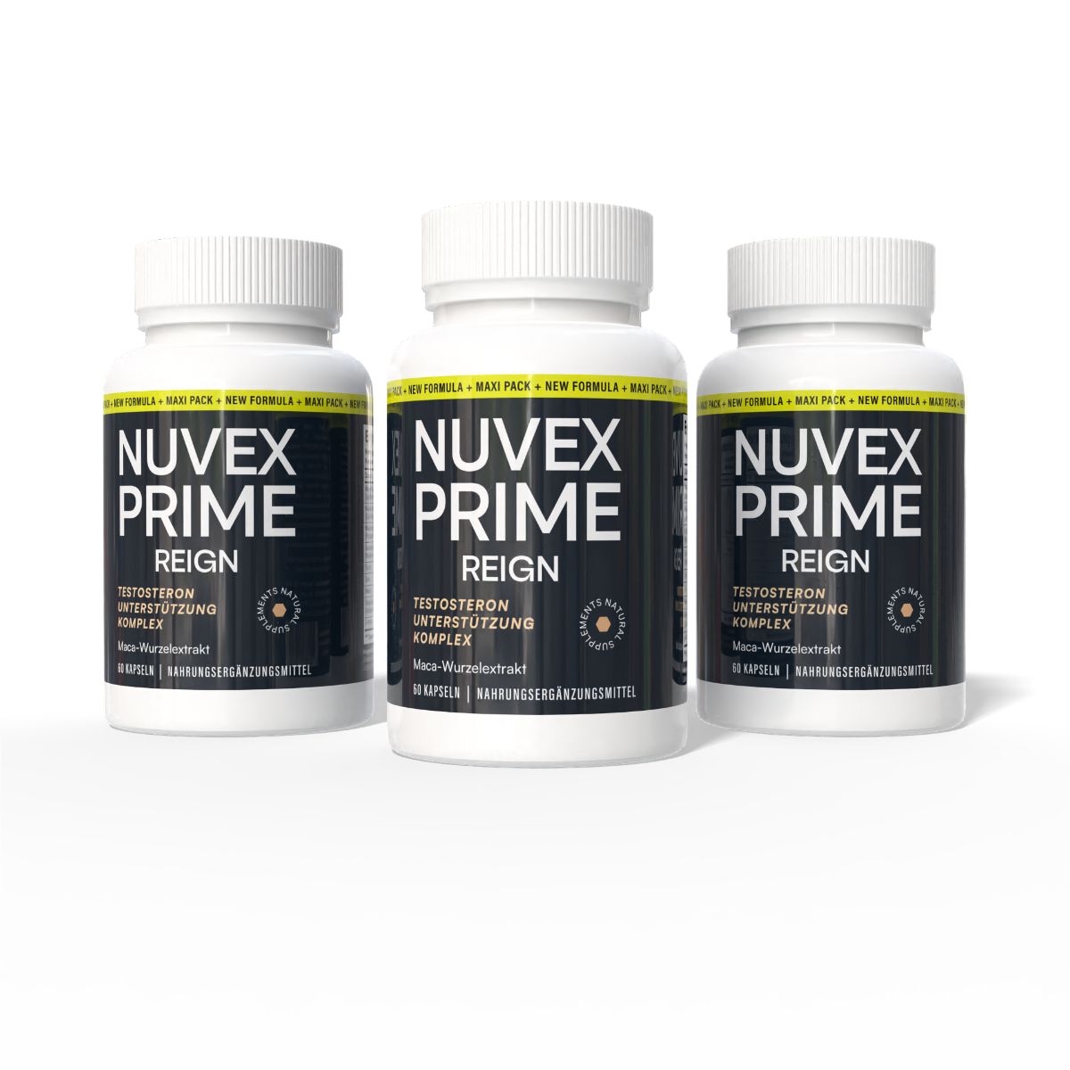 Drei Flaschen NUVEX PRIME REIGN Testosteron Unterstützung Komplex.