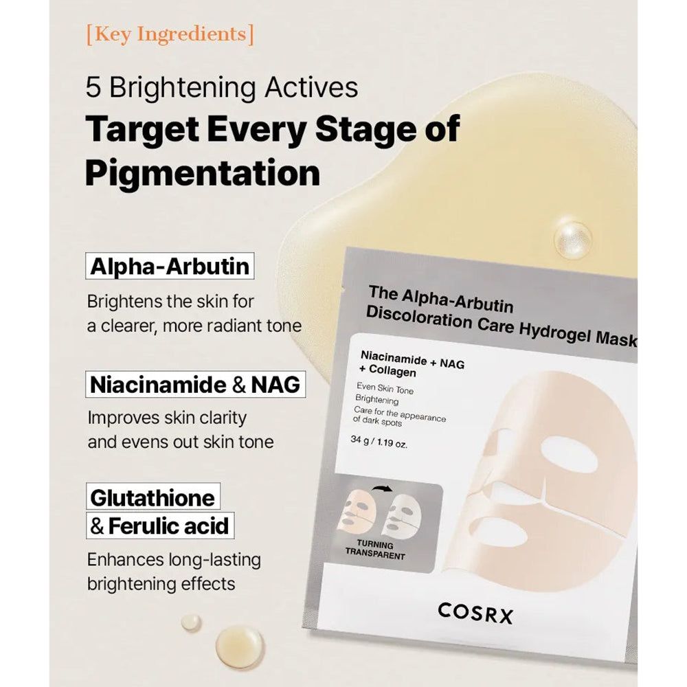 Alpha-Arbutin Discoloration Care Hydrogel Mask Verpackung neben flüssigen Inhaltsstoffen und Text.