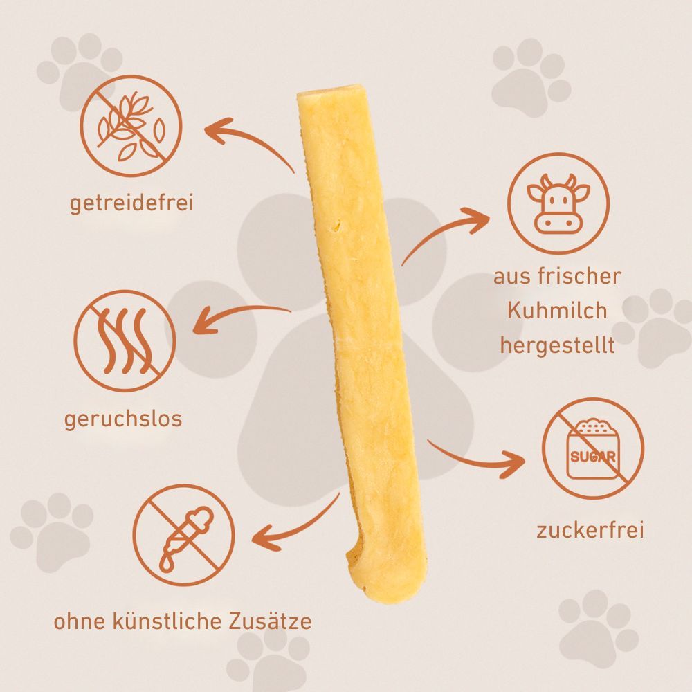 Ein gelblicher Kausnack mit Piktogrammen, die getreidefrei, geruchlos, ohne Zusätze und zuckerfrei kennzeichnen.