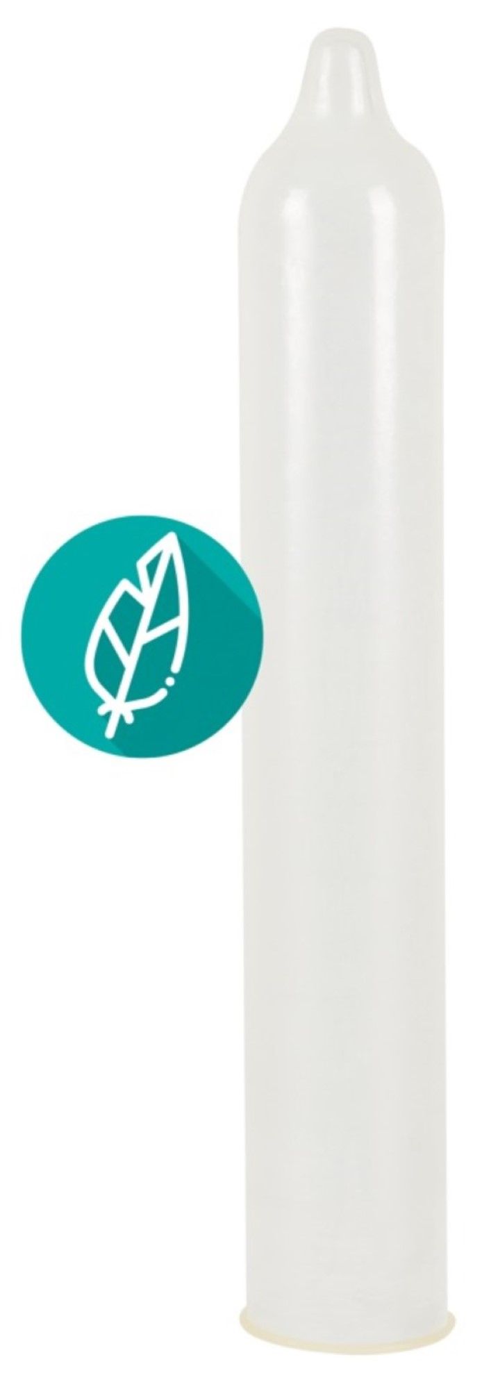 Kondom. Weiß, zylindrisch. Mit grünem Logo mit Blattmotiv. Unterseite gelblich.