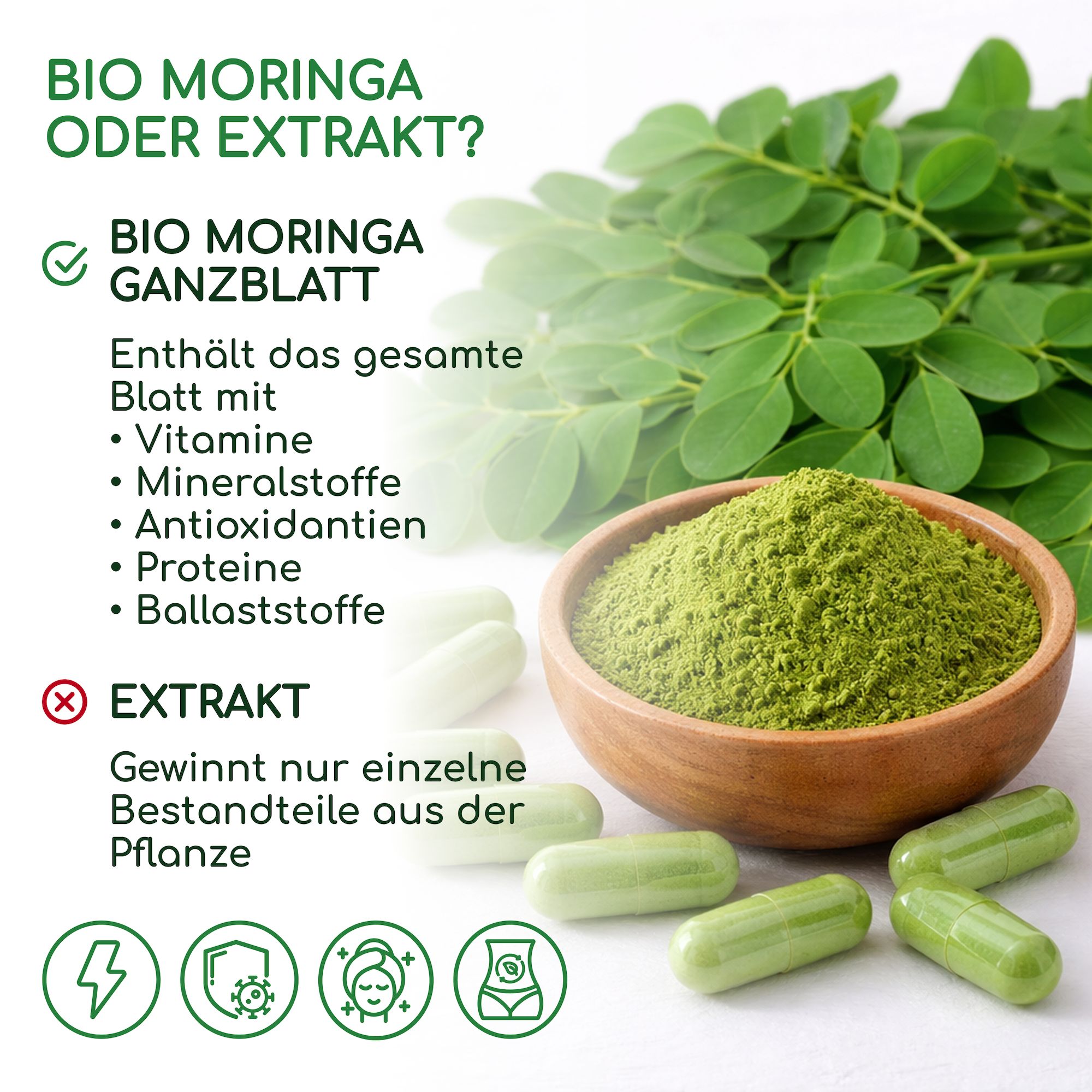 Bio Moringa Kapseln hochdosiert 2400 mg - vegane, laborgeprüft, glutenfrei & laktosefrei - RAIBU