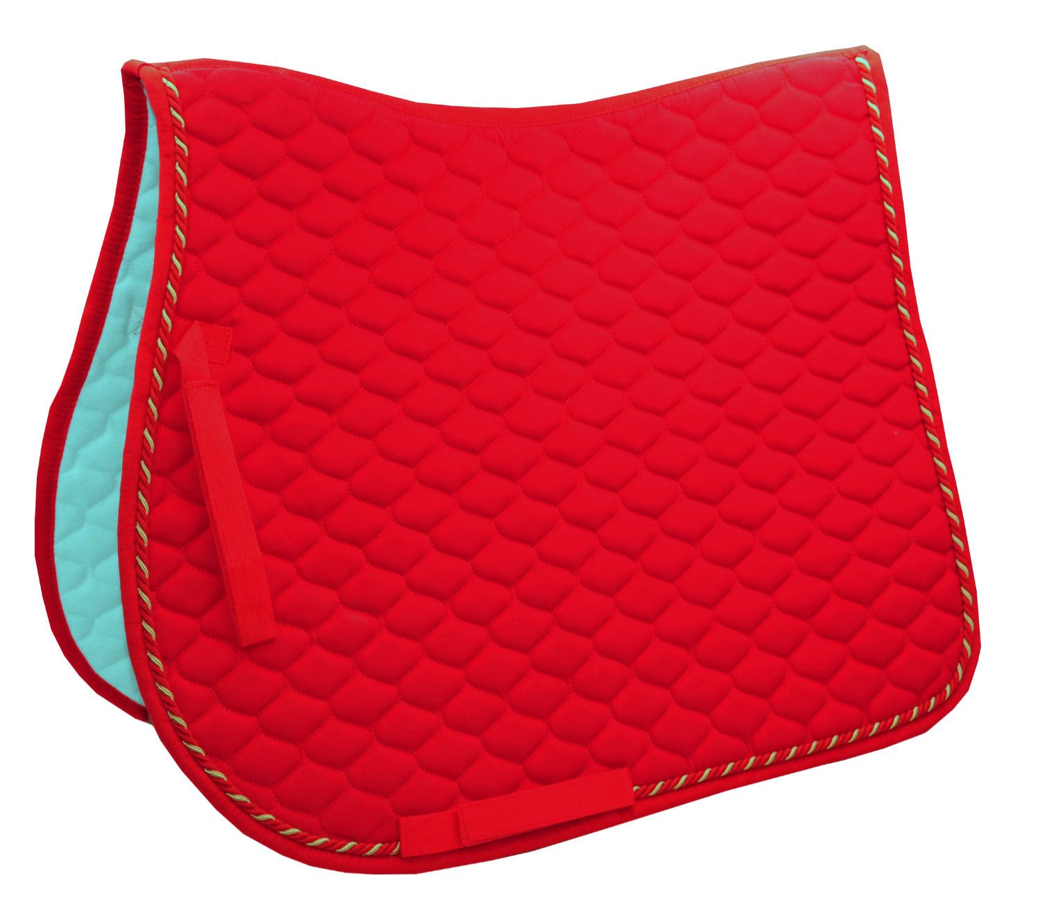 Rote Schabracke mit zweifarbiger Kordel. Quadratische Steppung. Türkisfarbenes Innenfutter.