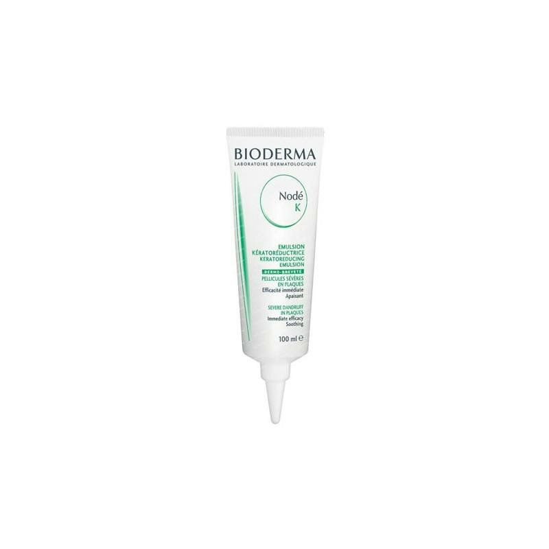 BIODERMA Node K Emulsion. Tube mit grüner Schrift. Text: Node K, Emulsion, kérato-réductrice, 100 ml.