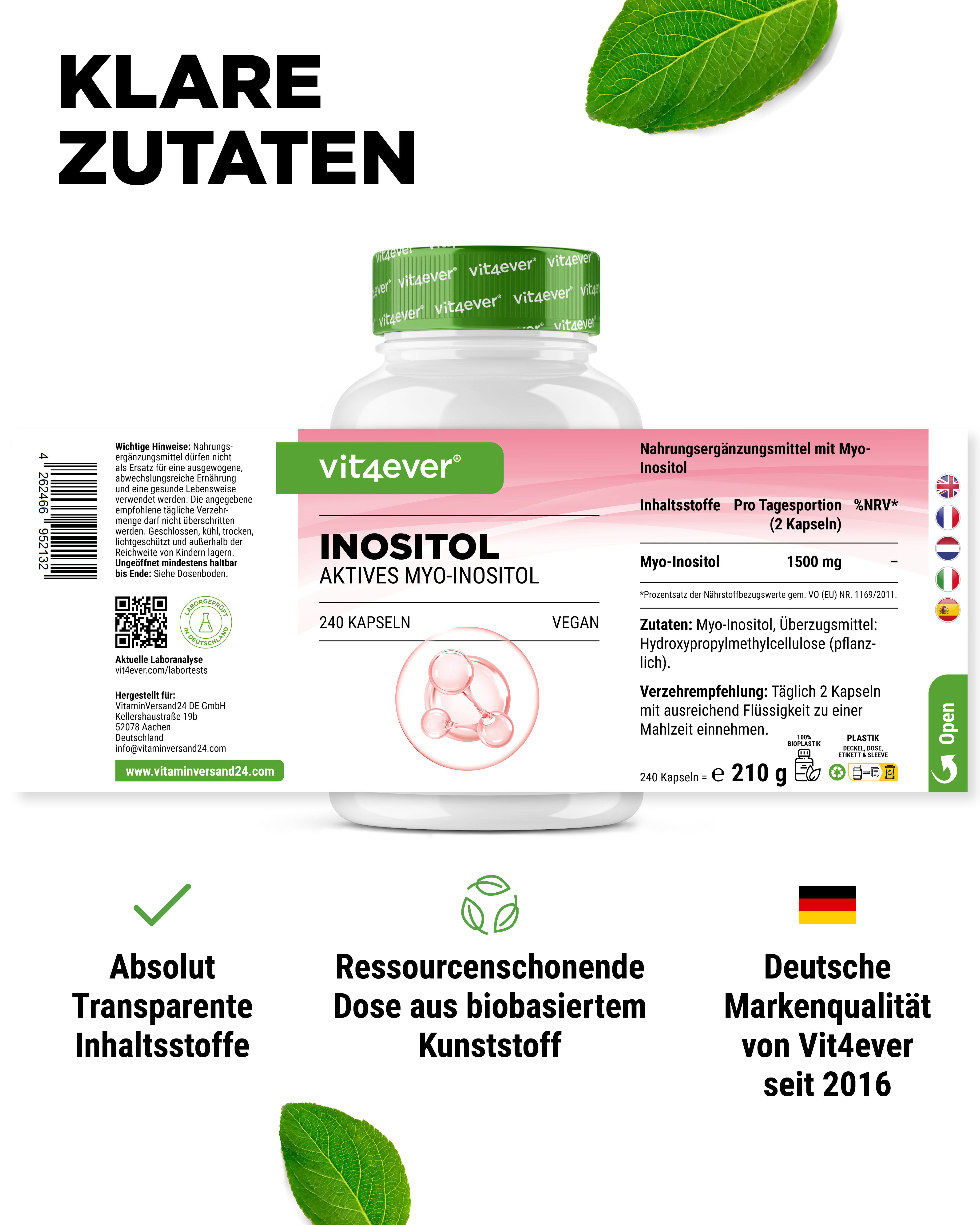 Weißes Pillenbehälter mit grünem Deckel. Aufschrift: Inositol, 240 Kapseln. Logo: vit4ever. Text: Aktives Myo-Inositol. Text und Symbole.