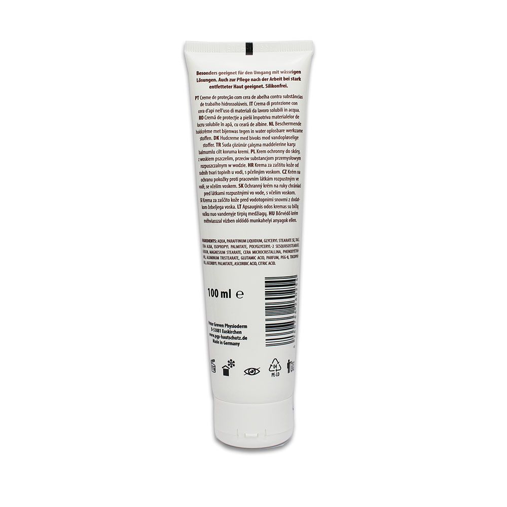 Creme-Tube mit Text. Enthält 100 ml. Rückseite mit Informationen und Barcode.