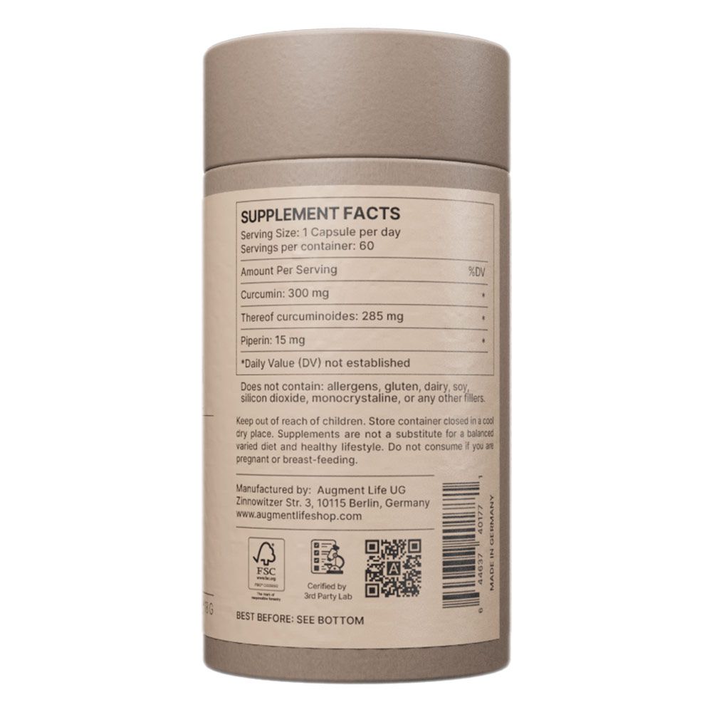 Nahrungsergänzungsmitteldose mit "Supplement Facts"-Etikett, das Curcumin und Piperin auflistet.
