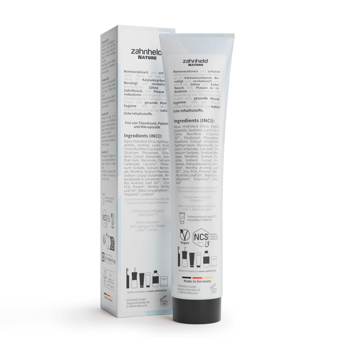Zahnheld Nature Zahnpasta Minerals. Rückseite der Tube und Schachtel mit Inhaltsstoffen und Zertifizierungen.