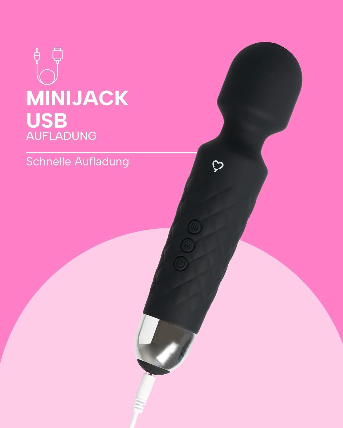 Schwarzer Vibrator mit silbernem Akzent, lädt über Mini-USB.