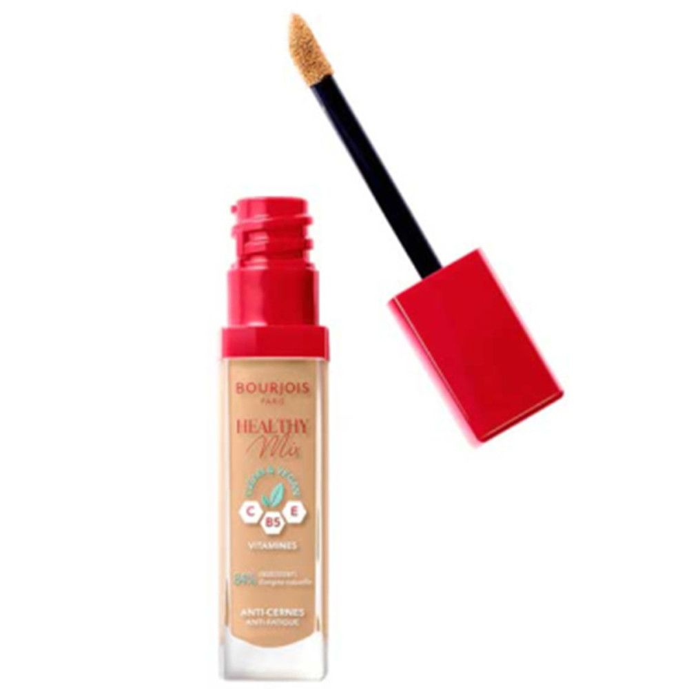 Bourjois Healthy Mix Concealer-Flakon mit rotem Deckel und Applikator. Produktname und Inhaltsstoffe sichtbar.