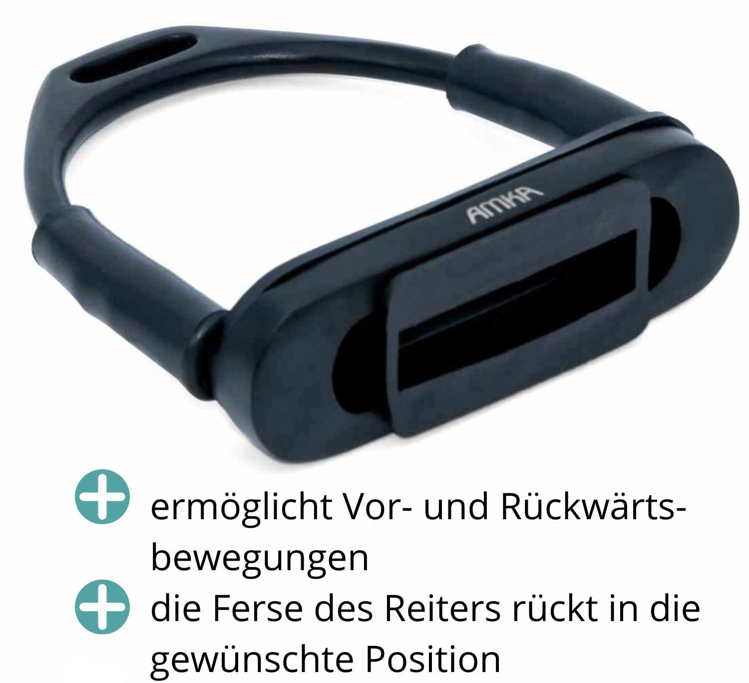 Schwarzer Steigbügel mit Gelenk, von unten betrachtet. AMKA-Logo sichtbar.