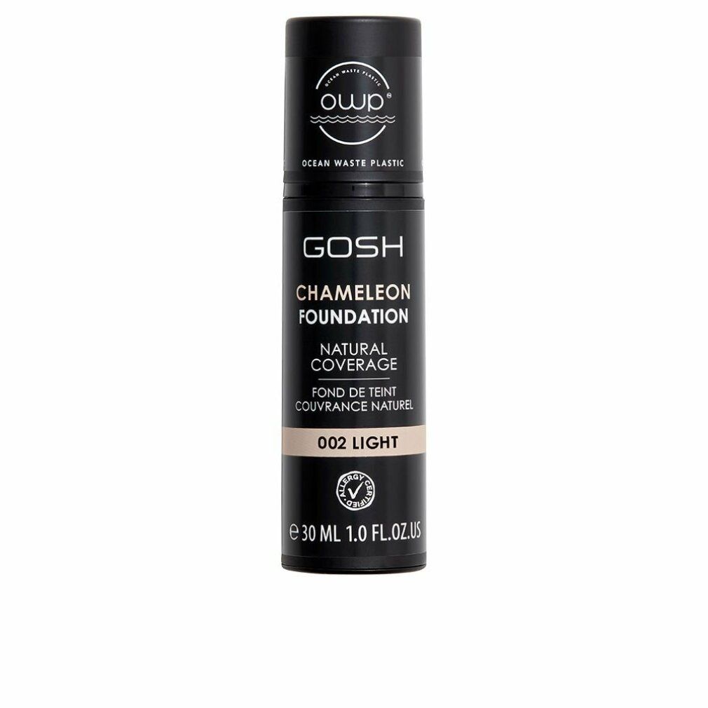 GOSH Chameleon Foundation, Natural Coverage, 002 Light. Schwarze Tube mit Produktinformationen und Zertifizierung.
