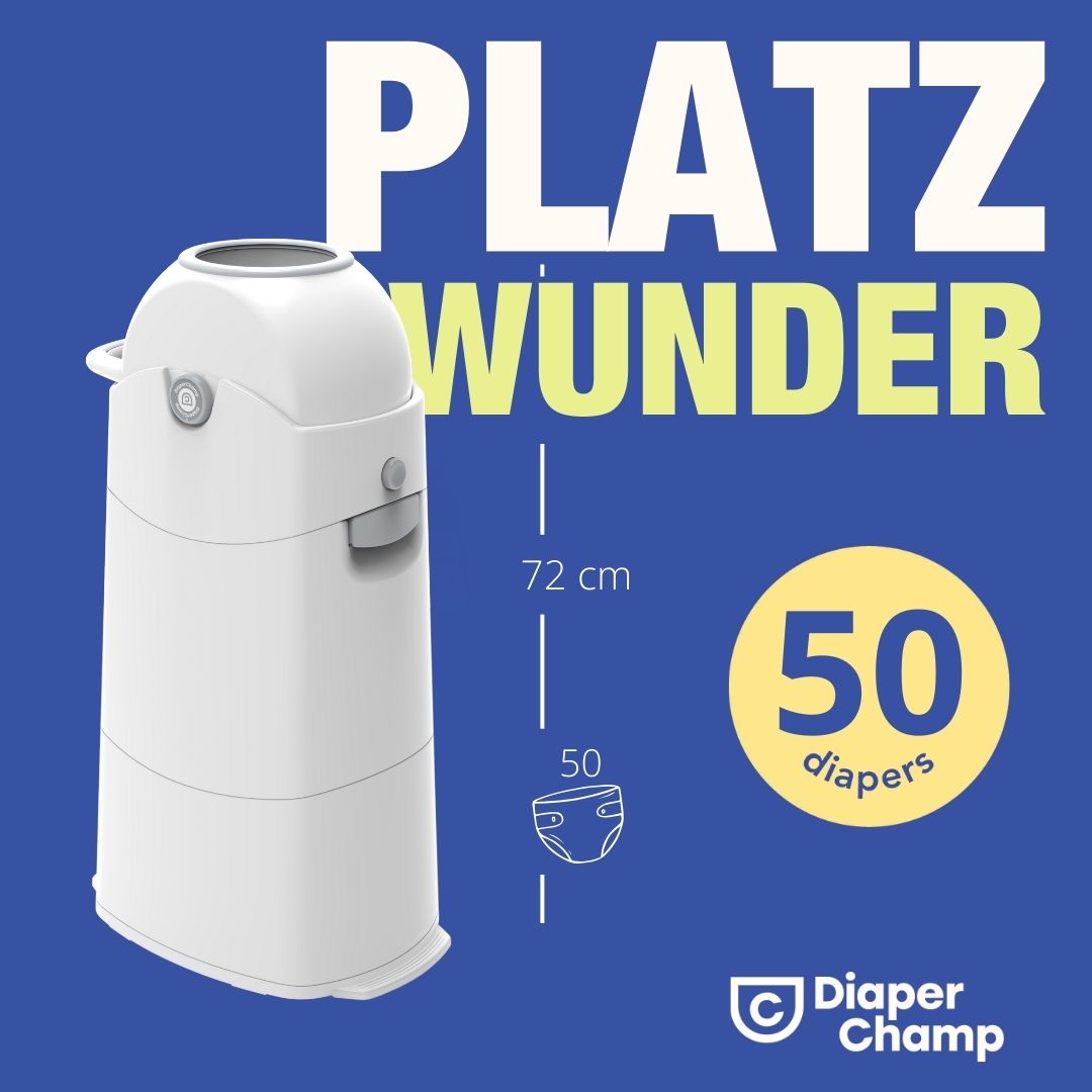 Weißer Windeleimer mit Deckel und Griff. Text: PLATZ WUNDER, 72 cm, 50 diapers. Logo: Diaper Champ.