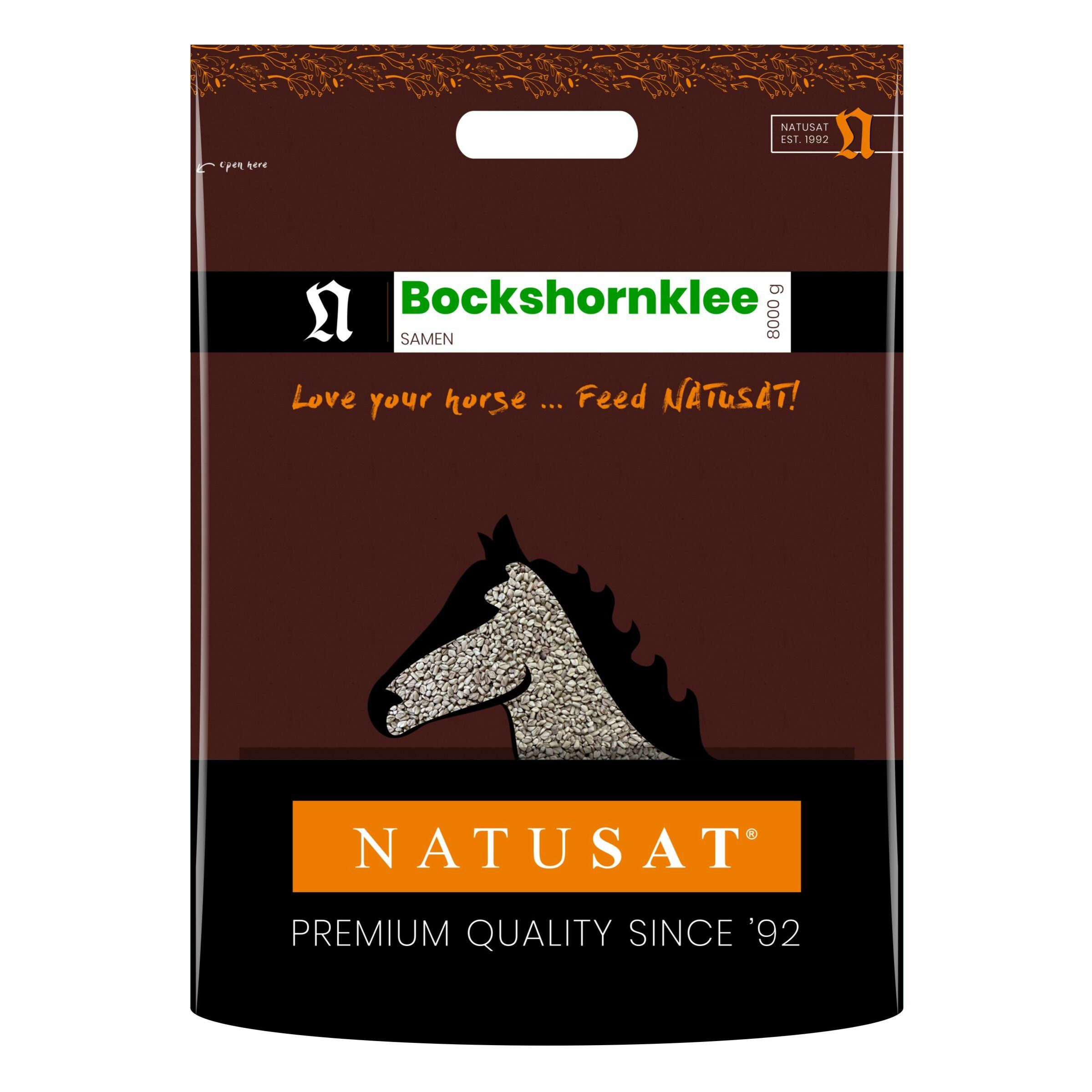 Verpackung mit Bockshornklee-Samen. Braune Tasche mit Produktlogo und Text. Enthält ein Pferde-Silhouette.