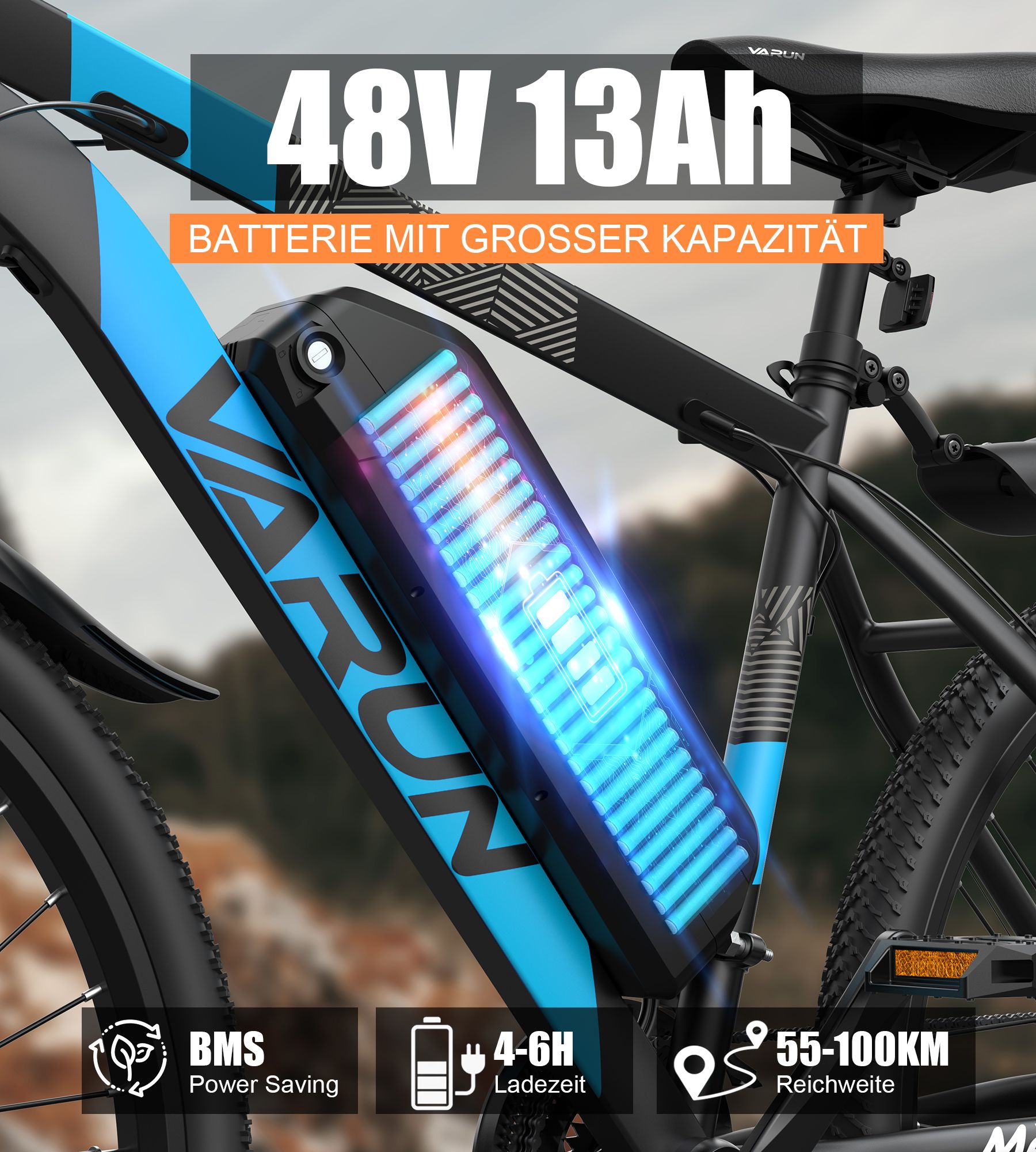 E-Bike-Akku mit blauer Beleuchtung. Schwarzes Gehäuse mit VARUN-Logo. 48V 13Ah. BMS, Ladezeit 4-6H, Reichweite 55-100km.