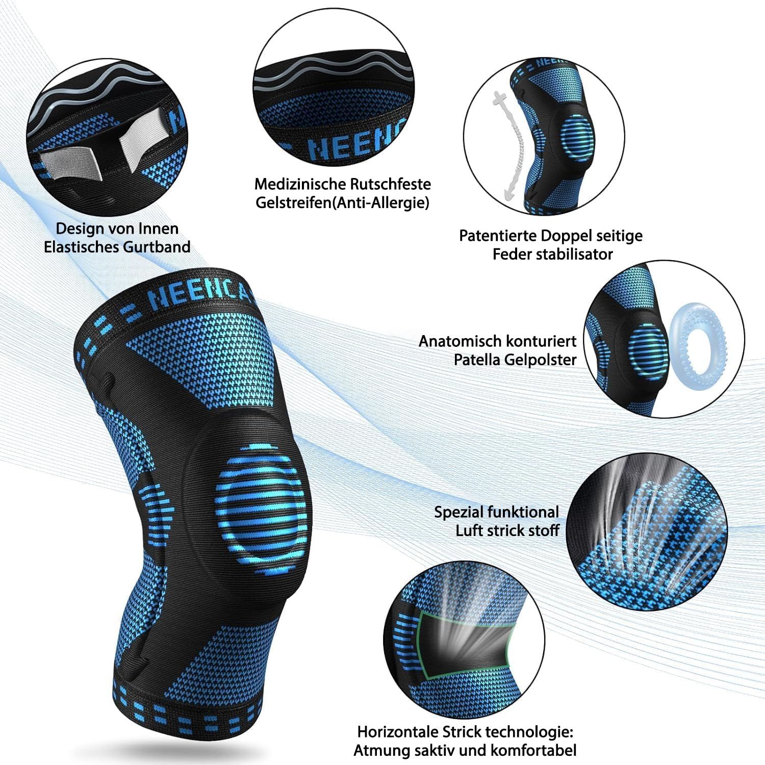 Schwarze Kniebandage mit detaillierter Darstellung von Atmungsaktivität und Patella-Gelpolster.