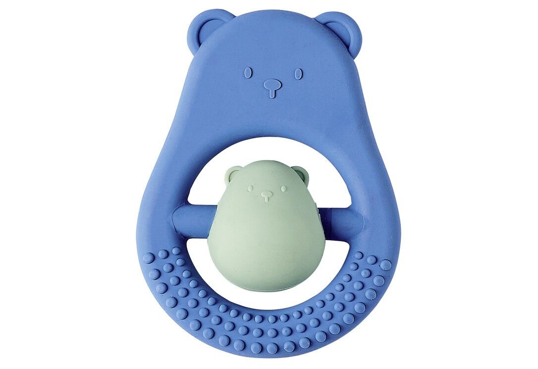 Blauer Beißring in Bärenform mit einem grünen Bären in der Mitte. Der äußere Ring hat eine strukturierte Oberfläche.