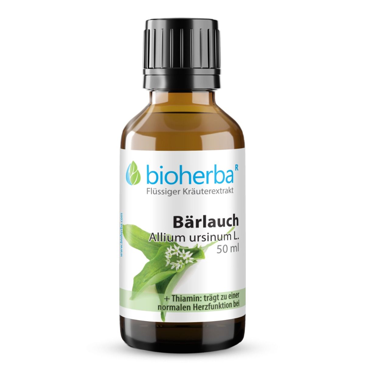 Braune Glasflasche mit schwarzem Deckel. Etikett mit Bioherba Bärlauch Tinktur Extrakt, Allium ursinum L. und Produktinformationen.