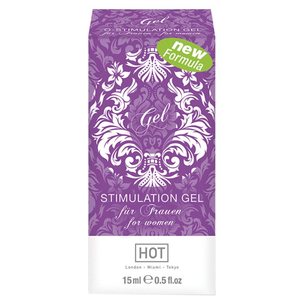 Produktverpackung, lila mit weißem Muster, Text O-STIMULATION GEL. Mit Aufkleber 'new Formula'.