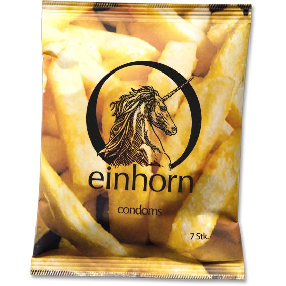 Verpackung mit Kondomen, Motiv Pommes Frites. Logo mit Einhorn. Enthält 7 Stück.