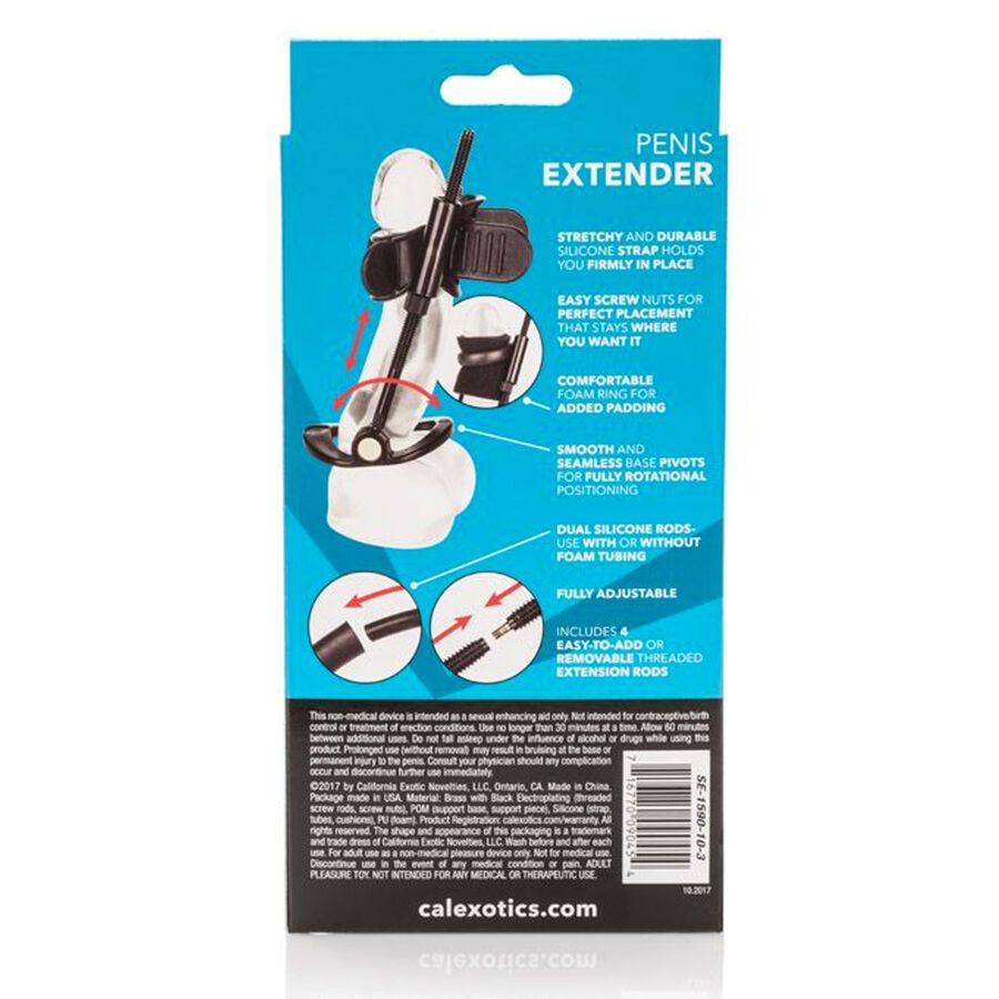 Rückseite der Verpackung eines schwarzen Penis-Extenders mit Produktinformationen und Abbildungen.