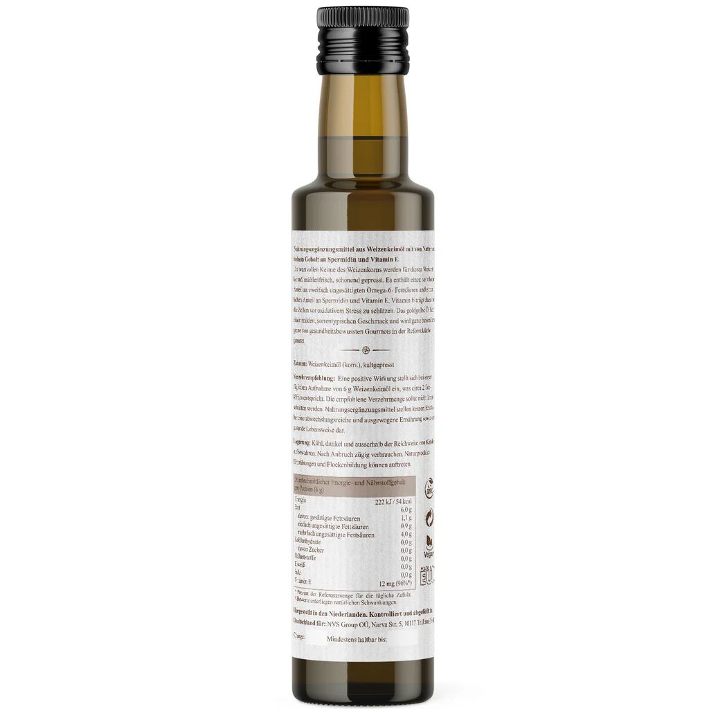 Rückansicht einer braunen Glasflasche mit schwarzem Deckel. Etikett mit Text und Nährwertangaben. Pflanzliche Öle.