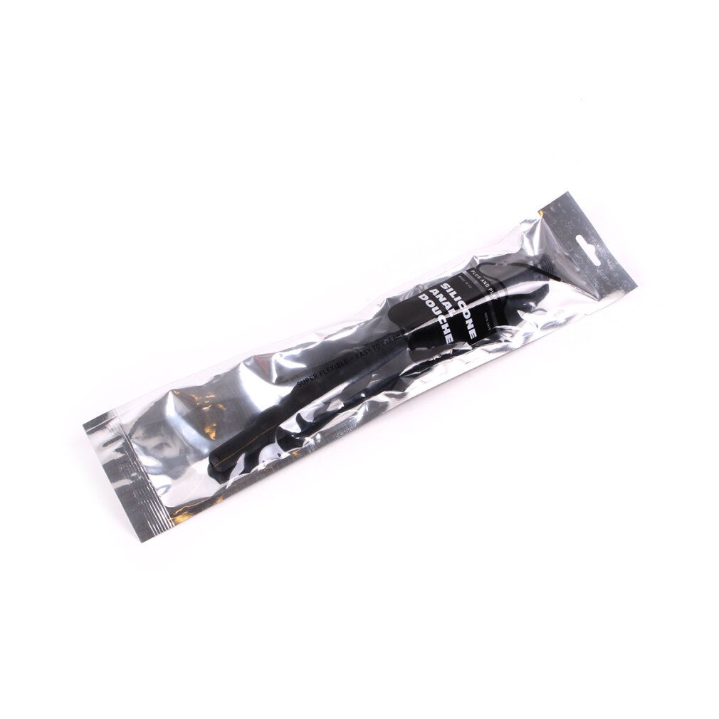 Schwarzes Produkt in transparenter Verpackung. Auf der Verpackung steht in weißer Schrift: SILICONE ANAL DOUCHE.