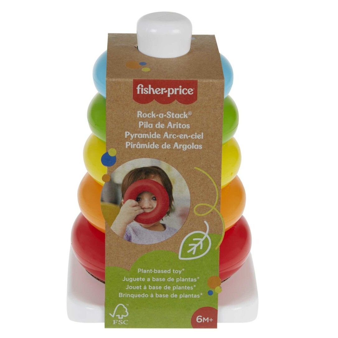 Mattel Fisher Price, Eco Farbring Pyramide, GRF09. Verpackung mit 5 farbigen Ringen.