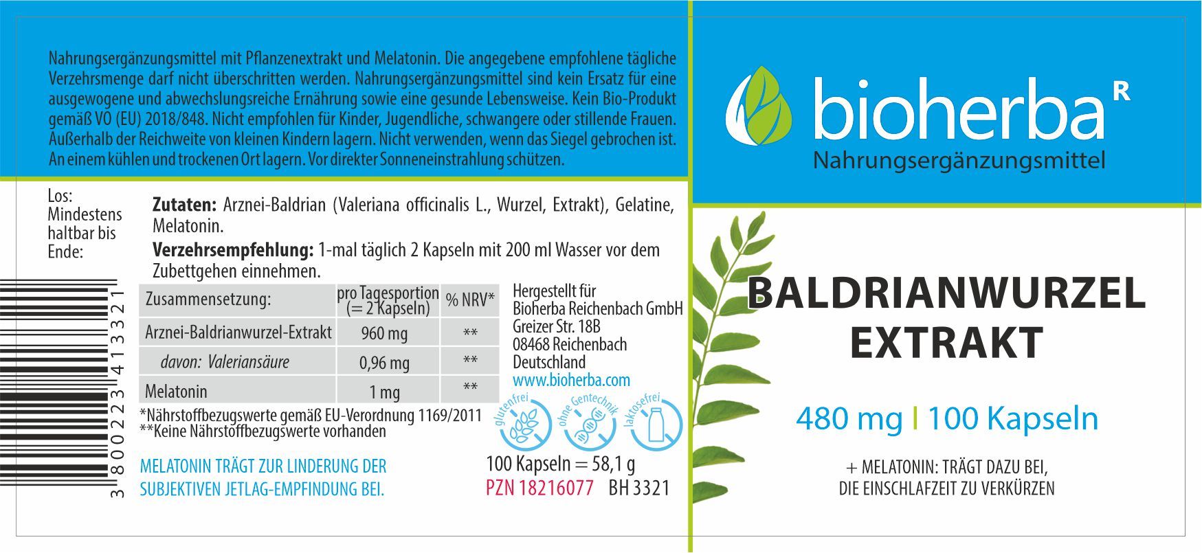 Etikett mit "bioherba" Logo, "Baldrianwurzel Extrakt", 480 mg, 100 Kapseln. Enthält Informationen zu Inhaltsstoffen und Dosierung.