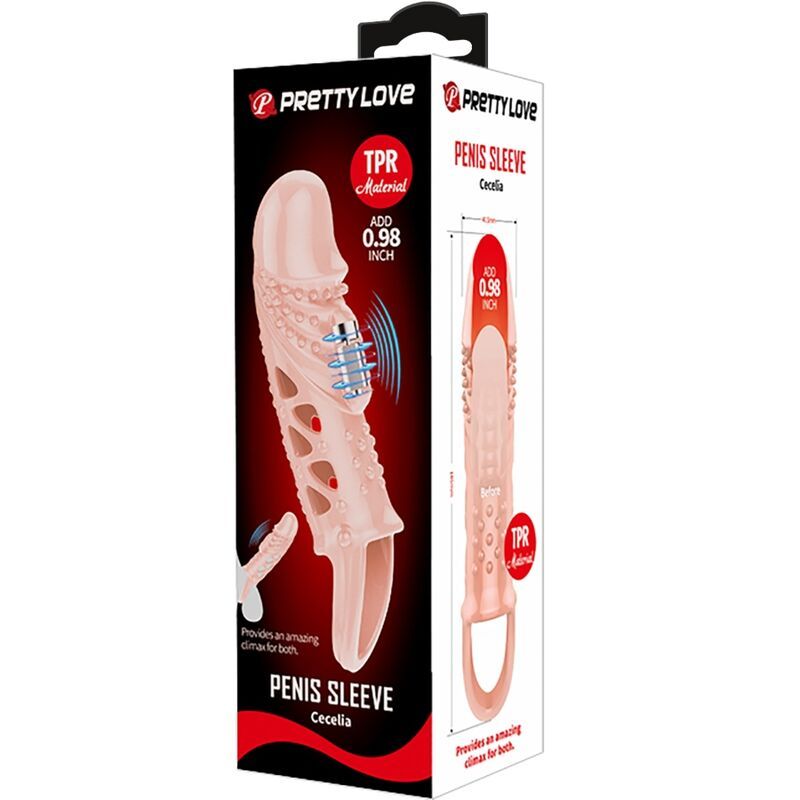 Verpackung von Pretty Love Penishülse. Produktabbildung mit Hodenschlaufe. Text: Penis Sleeve, Cecelia, TPR Material.