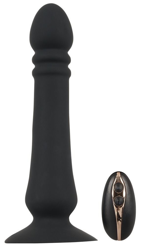 Schwarzer Anal Thruster und Fernbedienung. Konische Form mit abgerundeter Spitze und breiter Basis. Aus Silikon.