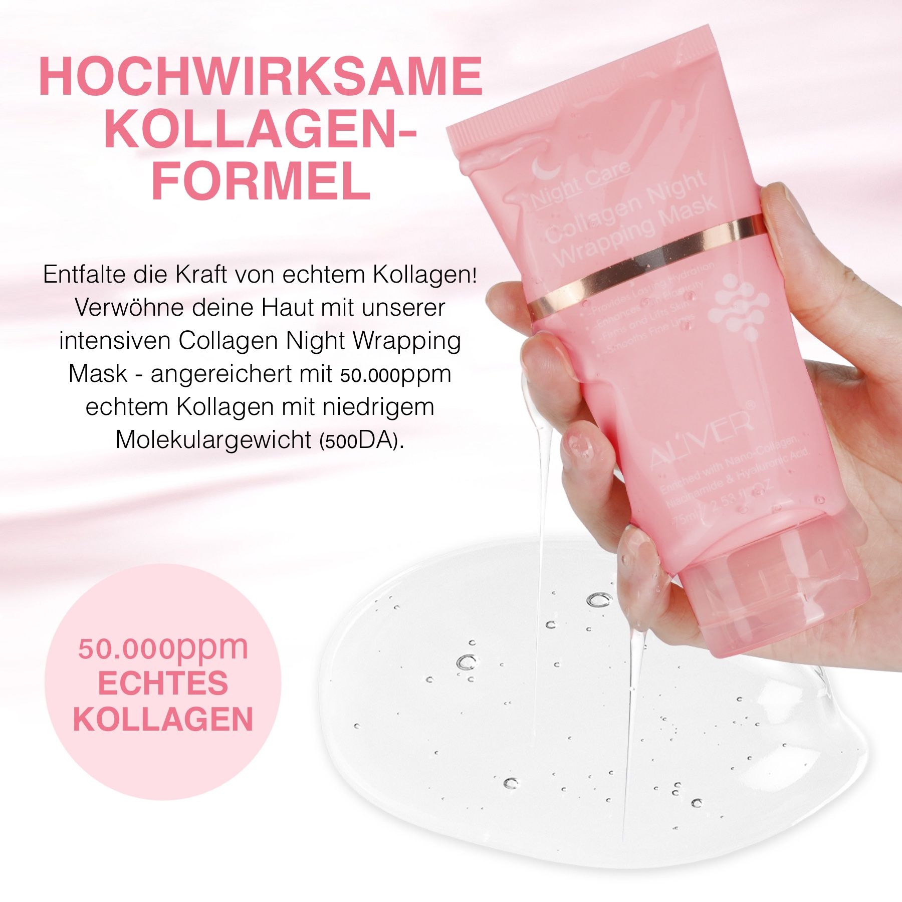 Rosa Tube mit ALIVER-Logo und Text. Flüssiges Gel daneben. Text: Hochwirksame Kollagen-Formel. 50.000ppm echtes Kollagen.