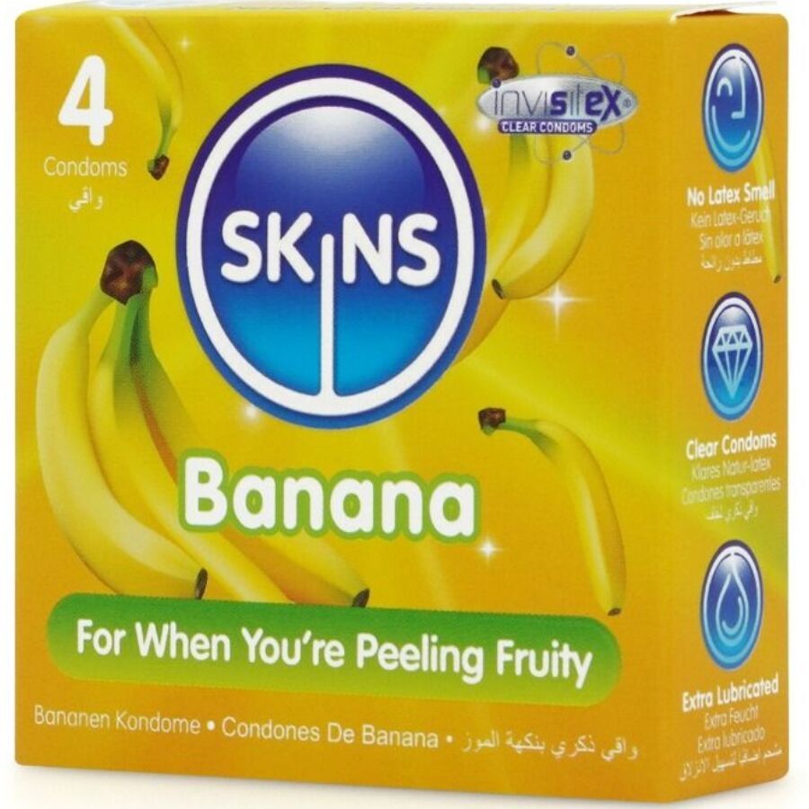 Verpackung mit vier Kondomen. Aufdruck: SKINS Banana. Gelbe Verpackung mit Bananen-Motiv. Text: For When You're Peeling Fruity.