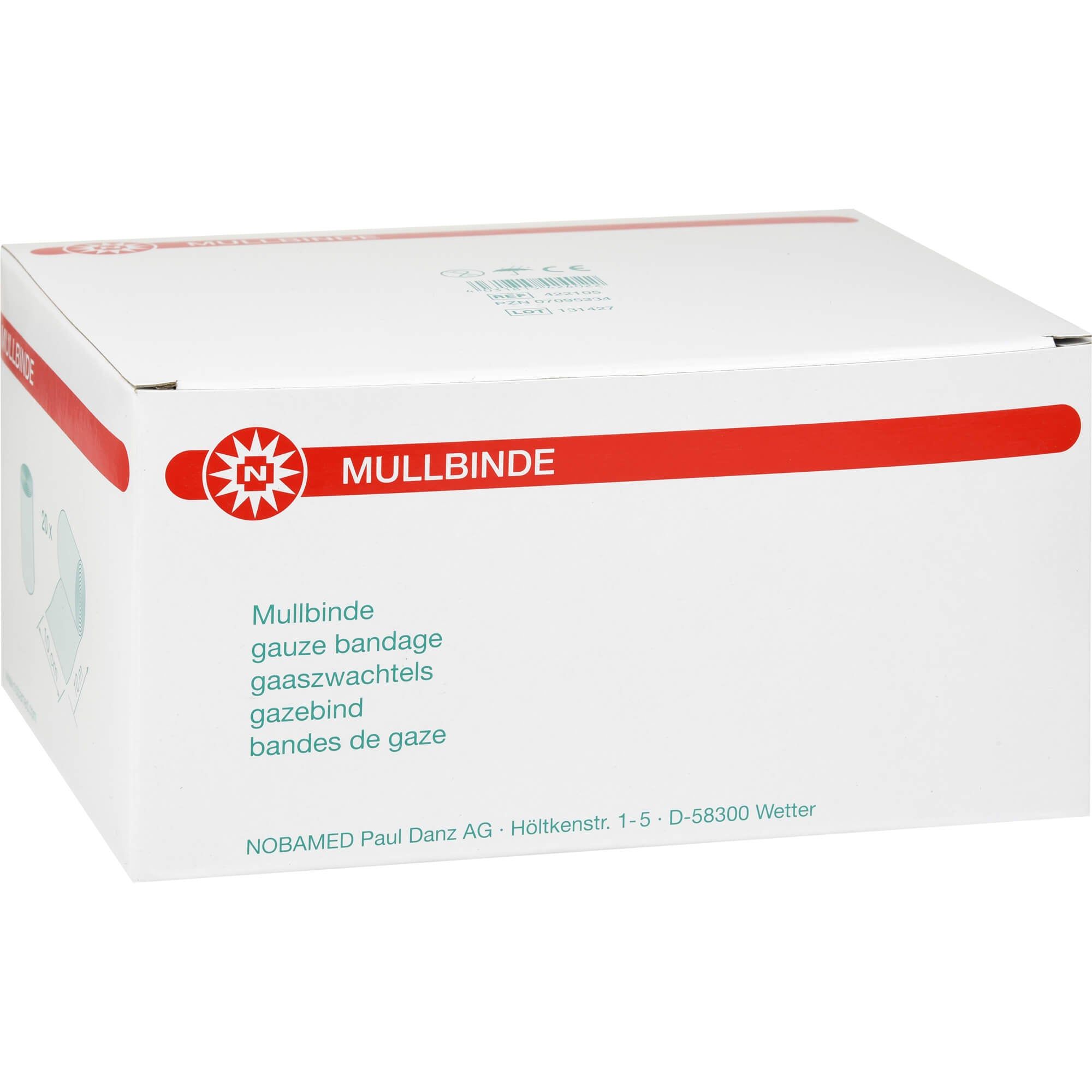 Weiße Verpackung mit roter Aufschrift "Mullbinde". Text in Deutsch, Englisch, Niederländisch und Französisch. Logo mit Stern.